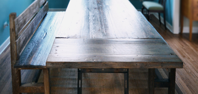 Industrial oak table with benches
